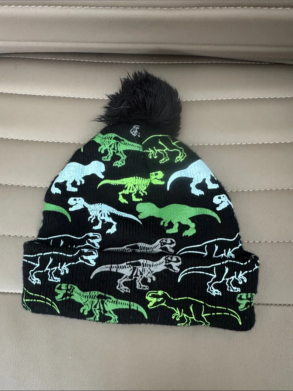 Toddler Black Knit Pom Beanie with Green & White Dinosaur Prints